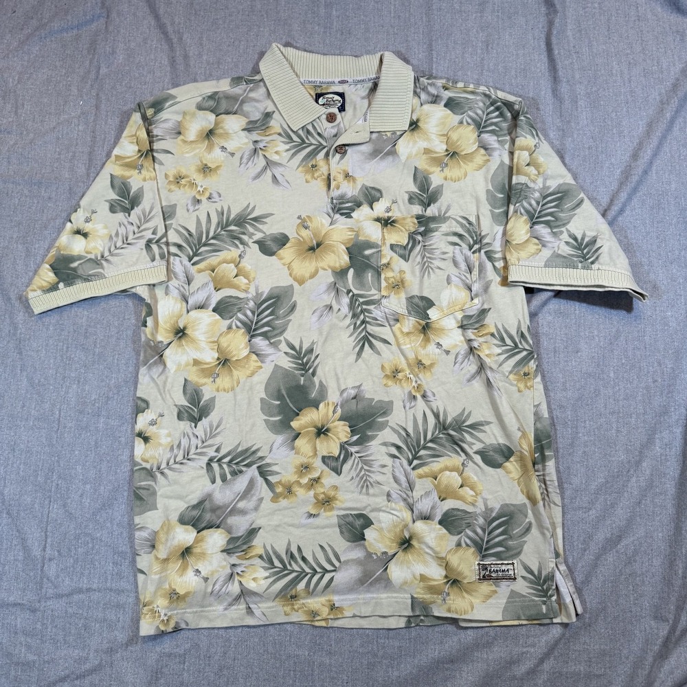 Tommy Bahama Polo Shirt Mens Large‎ Vintage Yellow Green Floral Hawaiian Cotton